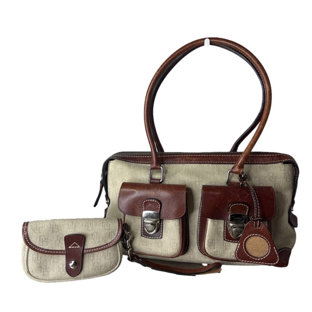 Vintage DOONEY & BOURKE Brown Canvas Double Pocket Tote w/ Wristlet